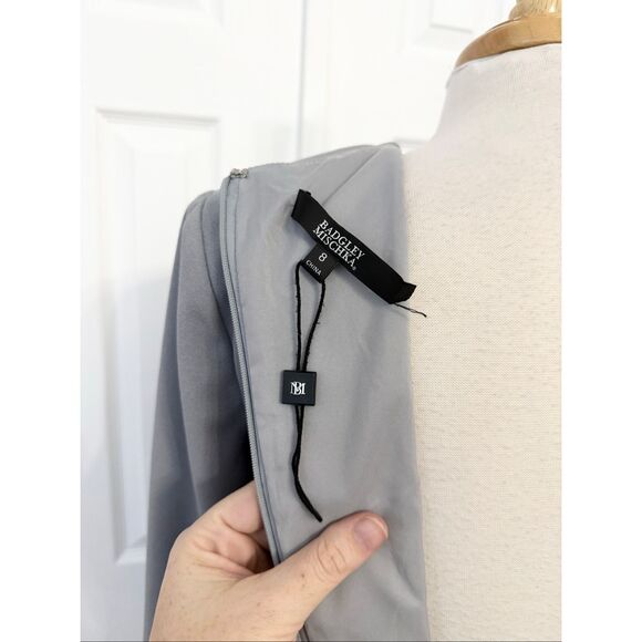 Badgley Mischka Womens Gray Long Sleeve Draped Sash Event Dress Size 8 - Picture 5 of 7
